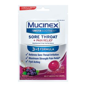 Mucinex InstaSoothe Sore Throat + Pain Relief Elderberry & Wild Cherry Flavor, Fast Acting, Powerful Sore Throat Oral Pain Reliever, 20 Medicated Drop