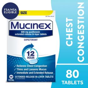 Mucinex 12 Hour Expectorant, OTC Medicine for Excess Mucus Relief, Chest Congestion, FSA, 80 Tablets